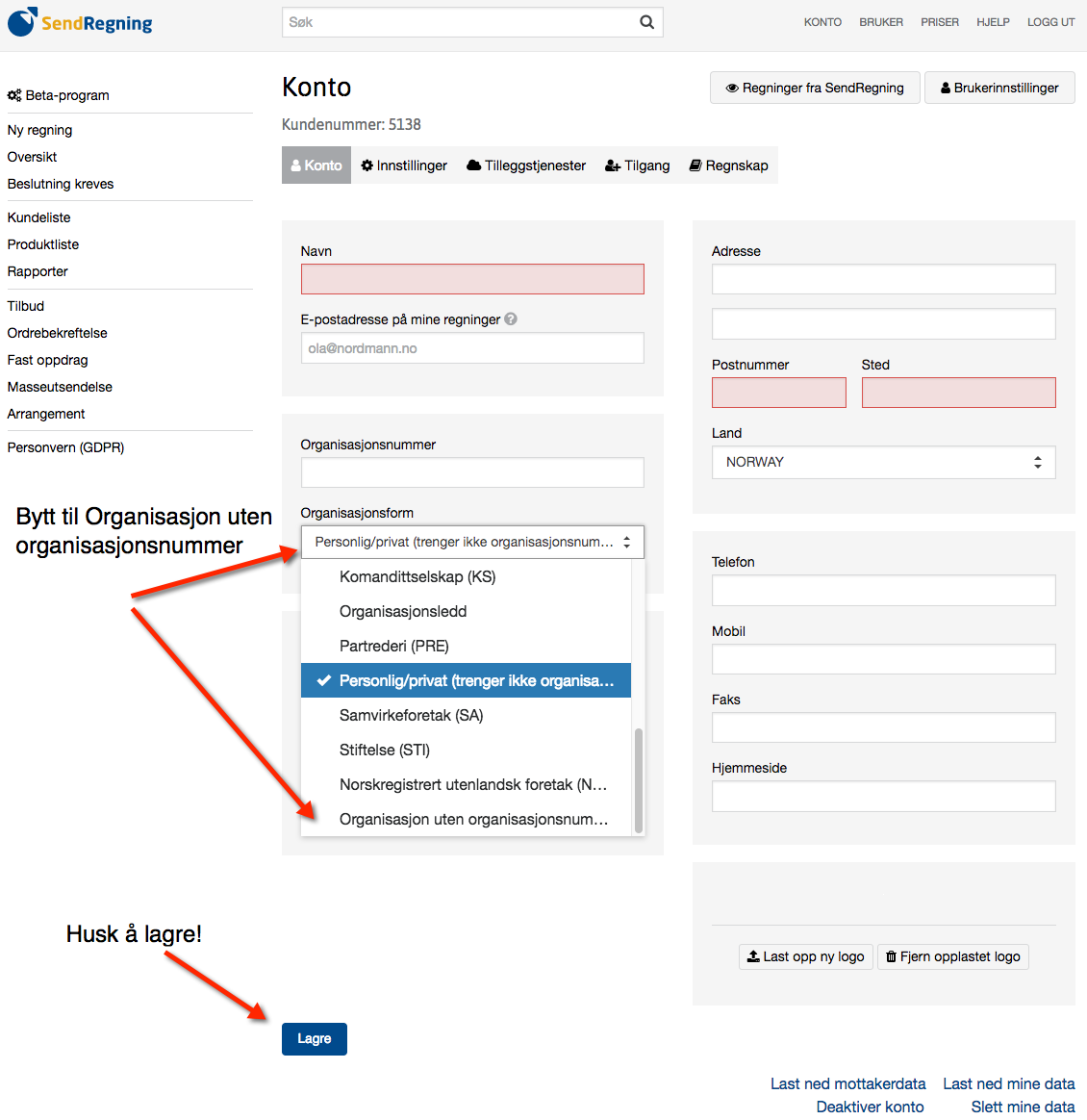 Viser hva du må endringen fra privat til organisasjon på kontosiden