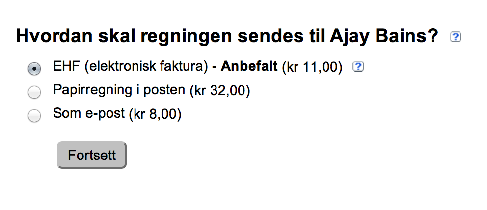 Skjermbilde for valg av forsendelsesmåte for regning: EHF, papirregning eller epost