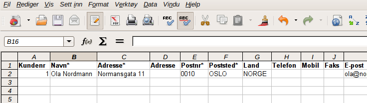 Excel-ark med mottagere til eksport