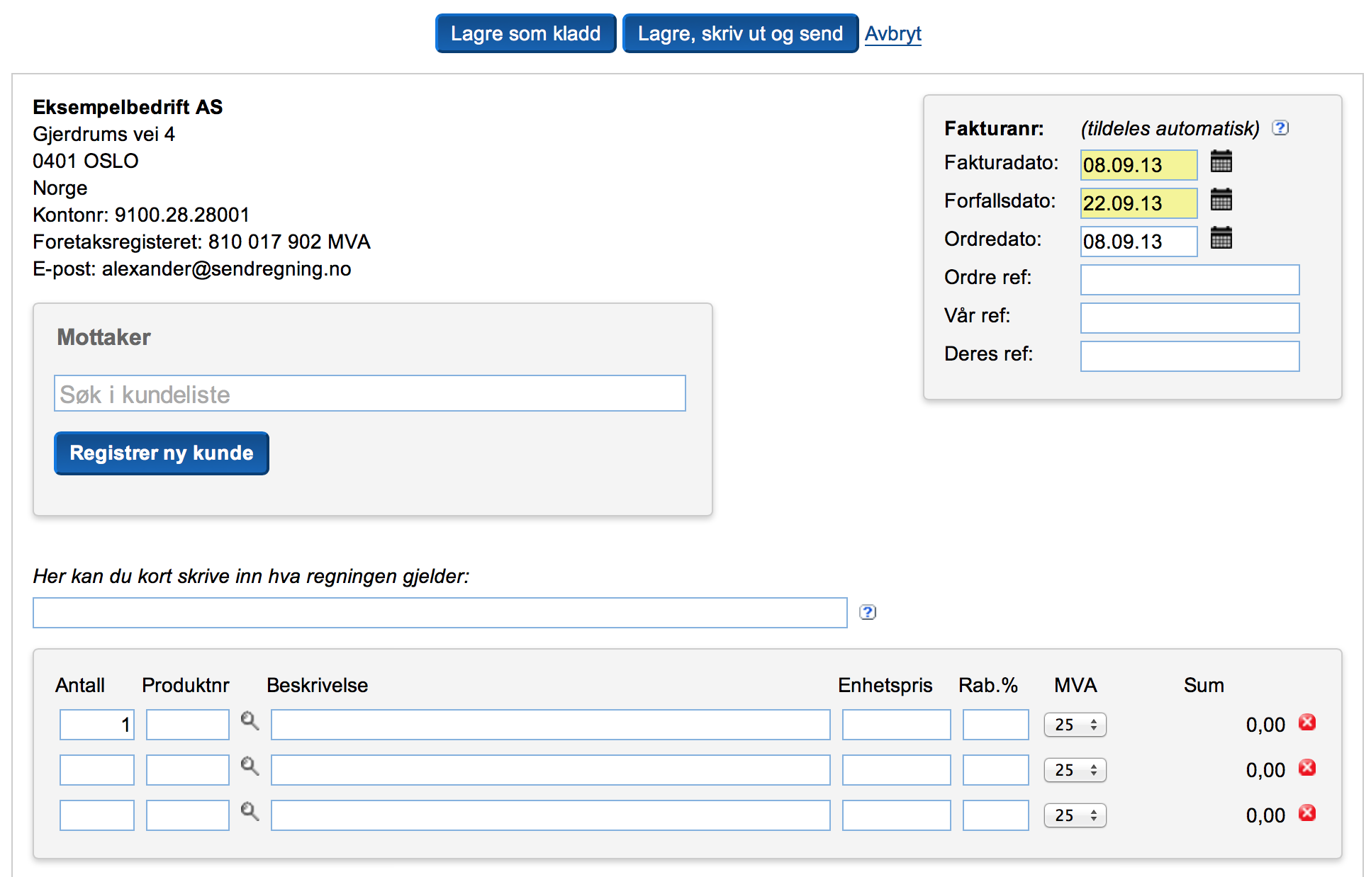 Skjermbilde av registrering av ny regning