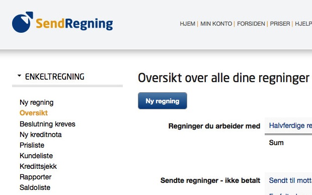 Skjermbilde av sidemenyen til SendRegning - oversikt over alle dine regninger